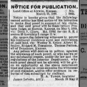 Richard M.Timmons notice of intentions Mar 25, 1889
Norton kansas