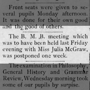 1893 Oct 01 High School Meeting with Julia McGraw postponed 1 week.