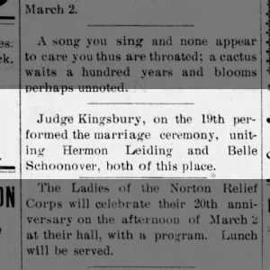 Belle Schoonover married Hermon Leiding Norton County News 22 Feb 1906