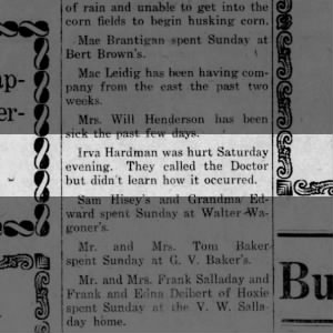 Irva Hardman hurt Dec. 1919. No details