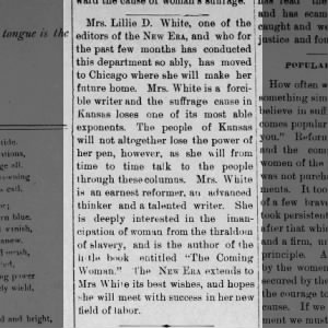 Dec 1893 Mrs L D White associate editor of New Era moves to Chicago