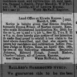 Emma Fraser Breeden advertising to prove up on her homestead, 13 Mar 1890, Lenora KS Sun