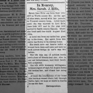 Mrs. Sarah J. Hills Obituary 1894