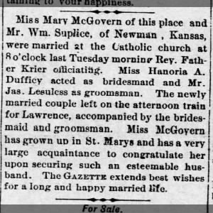 Mary McGovern married St Marys Gazette St Marys Kansas Fri Nov 30 1888 p1 c2