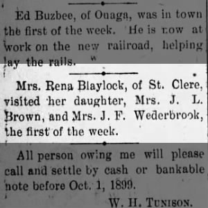 Rena  Blaylock visits her daughter Mrs J F Brown The Monitor Wheaton KS Sept 29 1899 page 4
