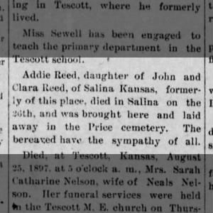 Addie Reed, daughter of John and Clara Reed, died in Salina on August 26, 1897
