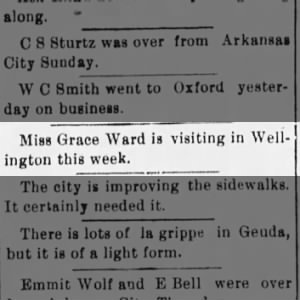 1899-01-06 Miss Grace Ward is visiting in Wellington this week GEUDA NEWS Fri. p1