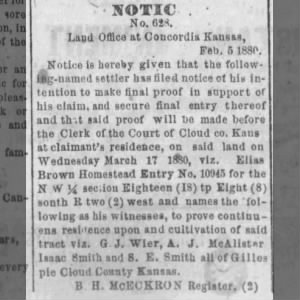 Elias Brown to make final proof of his homestead claim - Feb. 5, 1880