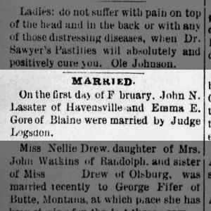 John N. Lasater and Emma E. Gore Marriage