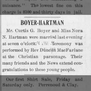 Curtis G Boyer and Nora N Hartman married