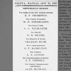 Republican Ticket - Salina, Kansas, Oct. 30, 1897