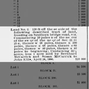 Land sold by Bernhard and Susan McCarrick. April 24, 1886