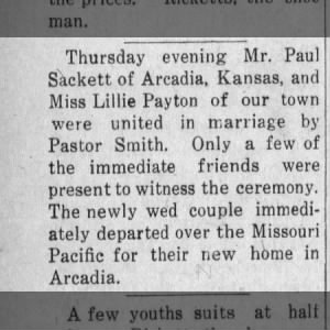 Lillie Payton and Paul Sackett Wed