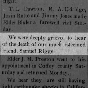 Samuel Riggs - death announcement by friends