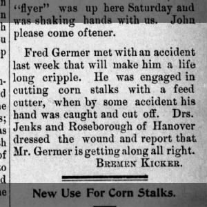 Fred Germer accident The Hanover Democrat 25 Dec 1896