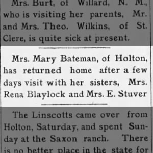 Mary Bateman visiting sisters Rena Blaylock and Mrs. E Stuver The Emmett Citizen Aug 25 1910