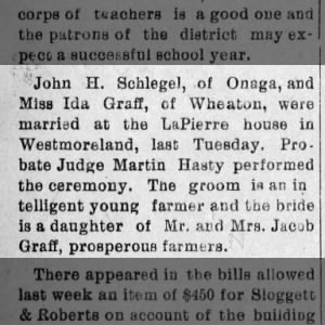 Graf, Ida - 1898 Married John H. Schlegel