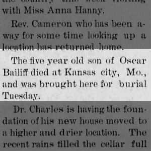 Death of Oscar Bailiff's son at Kansas City, Missouri