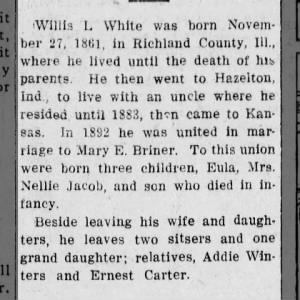 Willis L. White Obituary January 31, 1918