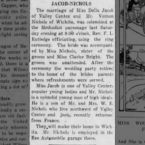 Della Jacob and Vernon (Victor) Nichols Wedding (July 19, 1919) July 24, 1919