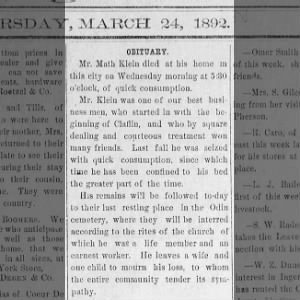 Math Klein March 24 1892 Obituary Barton Co. Kansas -- Quick Consumption (T.B.) 
