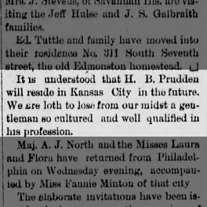 Architect H.B. Prudden set to move from Atchison to Kansas City. 12/7/1884 Western Mercury