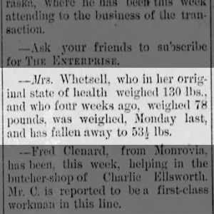 Mrs Whetsell illness weightloss 17 Jul 1886