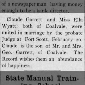 Marriage of Claude Garrett & Ella Wyatt