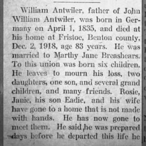 Obituary for William Antwiler