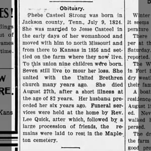 Phebe (Pheraby) STRONG Casteel obituary, 1906.