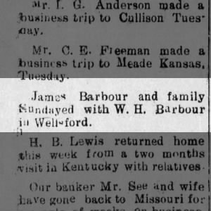 W H Barbour
The Cullison Times, Cullison, KS
19 Feb 1915, Fri, p8