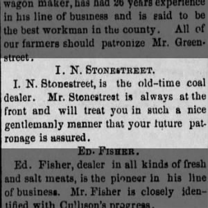 I. N. Stonestreet coal dealer
Sept 1888