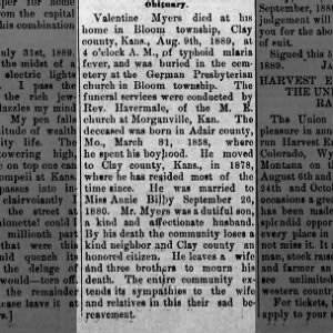 Obituary for Valentine Myers, 1858-1889