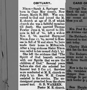 Obit of Sarah A Springer Fowler Nixon, Miltonvale (Kansas) Press, 8 July 1897, p5
