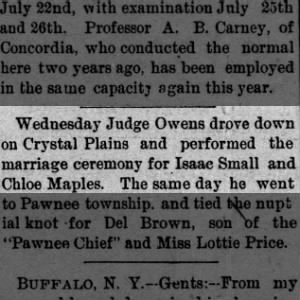 Isaac Small and Chloe Maples marriage
March 30, 1898 
Crystal Plains