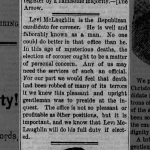 Levi McLaughlin runs for coroner 29 Oct 1887 Clearwater Independent