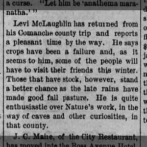 Levi McLaughlin crop survey in Comanche County 29 Oct 1887 Clearwater Independent