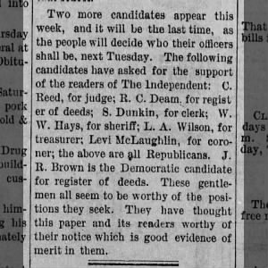 Levi McLaughlin on ballot for coroner 5 Nov 1887 Clearwater Independent