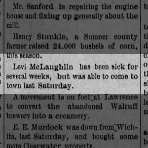 Levi McLaughlin sick but now better 31 Dec 1887 Clearwater Independent