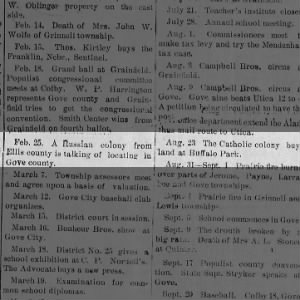 Russian Colony to Gove Co, Catholics buy land Buffalo Park Jan 1899
