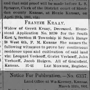 Homestead application for Frantze Kraay, Gerrit Kraay's widow