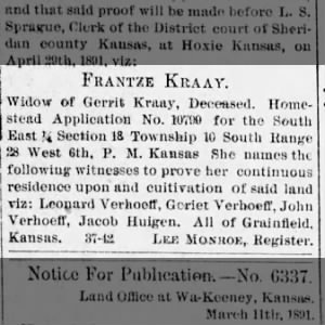 Frantze Kraay, widow of Gerrit Kraay, homestead application