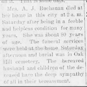 Mrs A J Buchanan died
Elk City Sun
Fri, Jun 27, 1913 ·Page 8