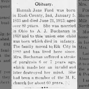 Hannah Ford Buchanan Obit
Elk City Sun
Fri, Jul 11, 1913 ·Page 