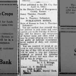 Nancy Thatcher vs Sam L Thatcher
Elk City Sun
Fri, May 12, 1922 ·Page 3