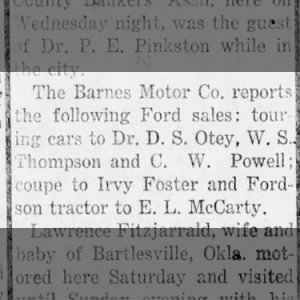 C. W. Powell purchases touring car from Barnes Motor Co. Elk City, Kansas