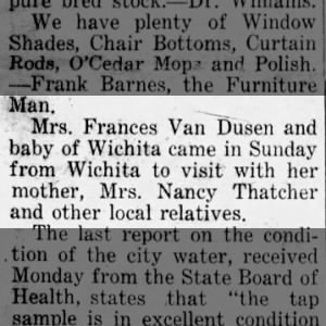 Frances Van Dusen Visits Nancy Thatcher
Elk City Sun
Fri, Apr 04, 1924 ·Page 1