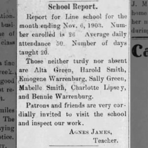 Perfect Attendance Line School - Emogene and Bennie Warrenburg - Nov 1903, Madison, KS