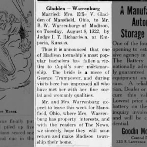 Marriage - Mrs. Effie V Gladden and Mr B W Warrenburg Married 8 Aug 1922, Emporia, KS