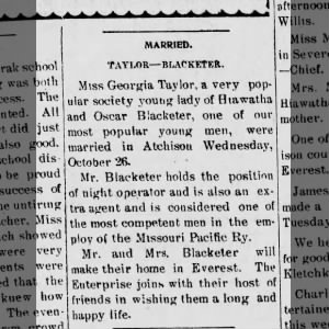 Great-Grandpa/Ma Blacketer Marriage Article